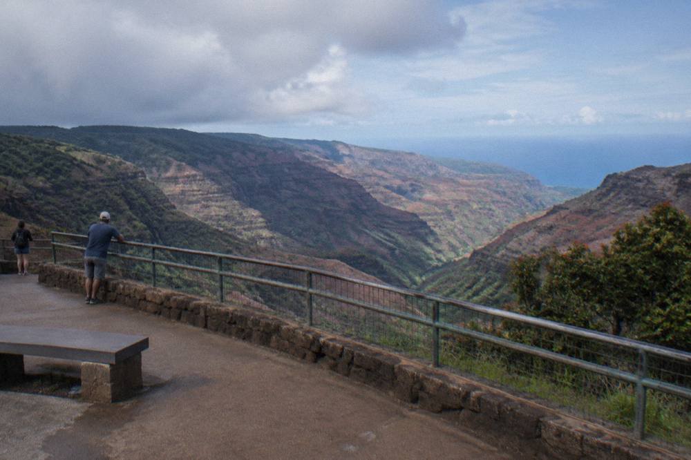 A paved lookout over a deep red and green canyon gorge stretching toward the sea