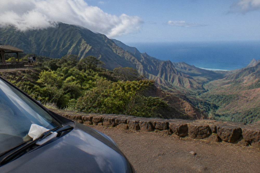 A high forested ridge overlooking a deep valley and distant coastline under partly cloudy sky