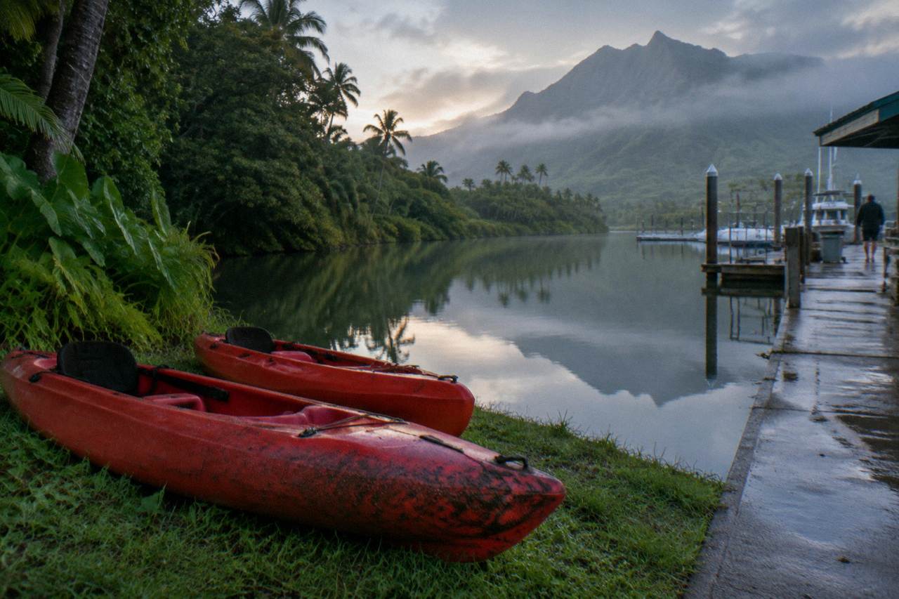 Kayaks resting on a riverbank with dense green jungle reflected in calm water