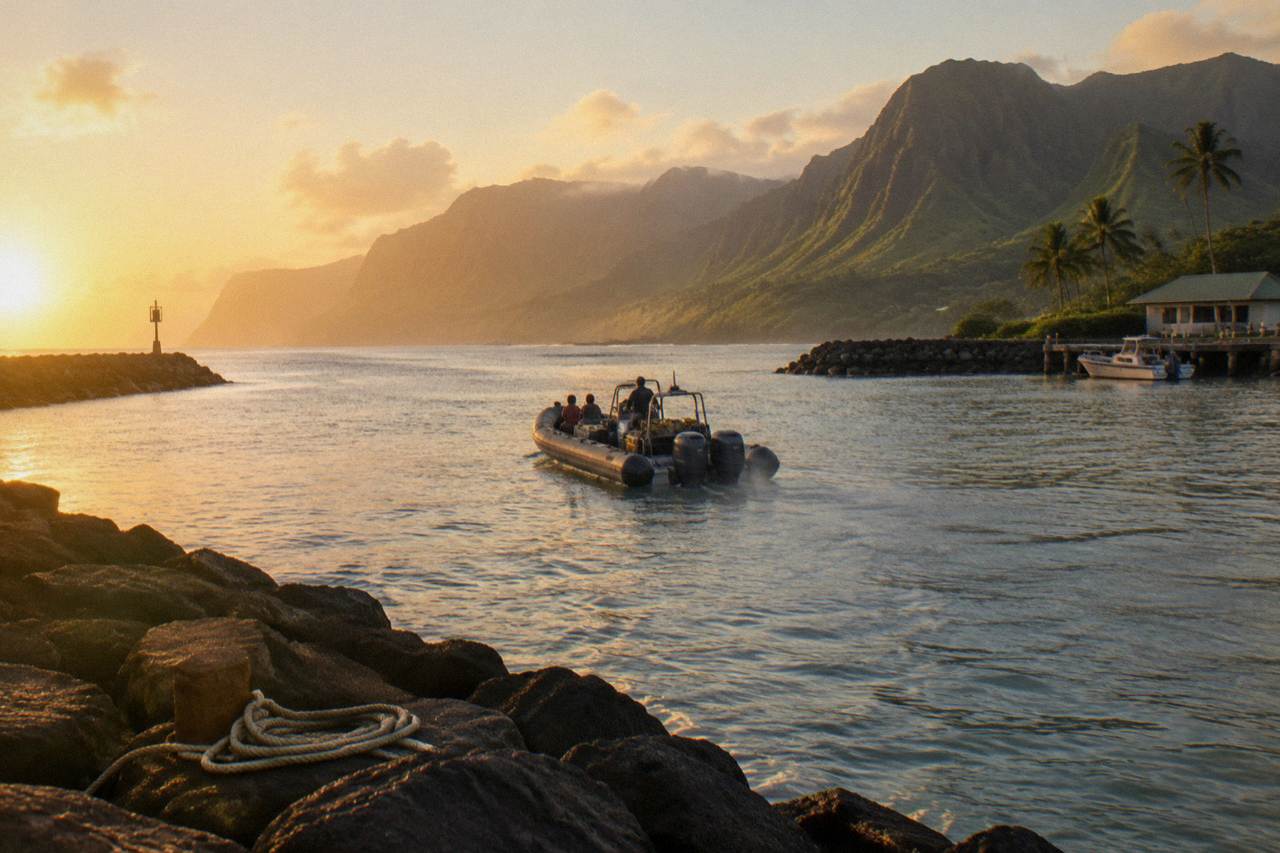 A raft cruising along the green sea cliffs of the Na Pali coast under a bright sky