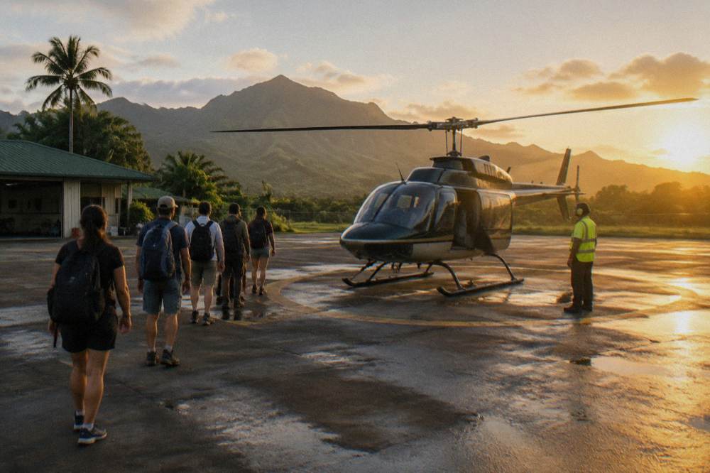 A helicopter on a helipad with passengers preparing to board