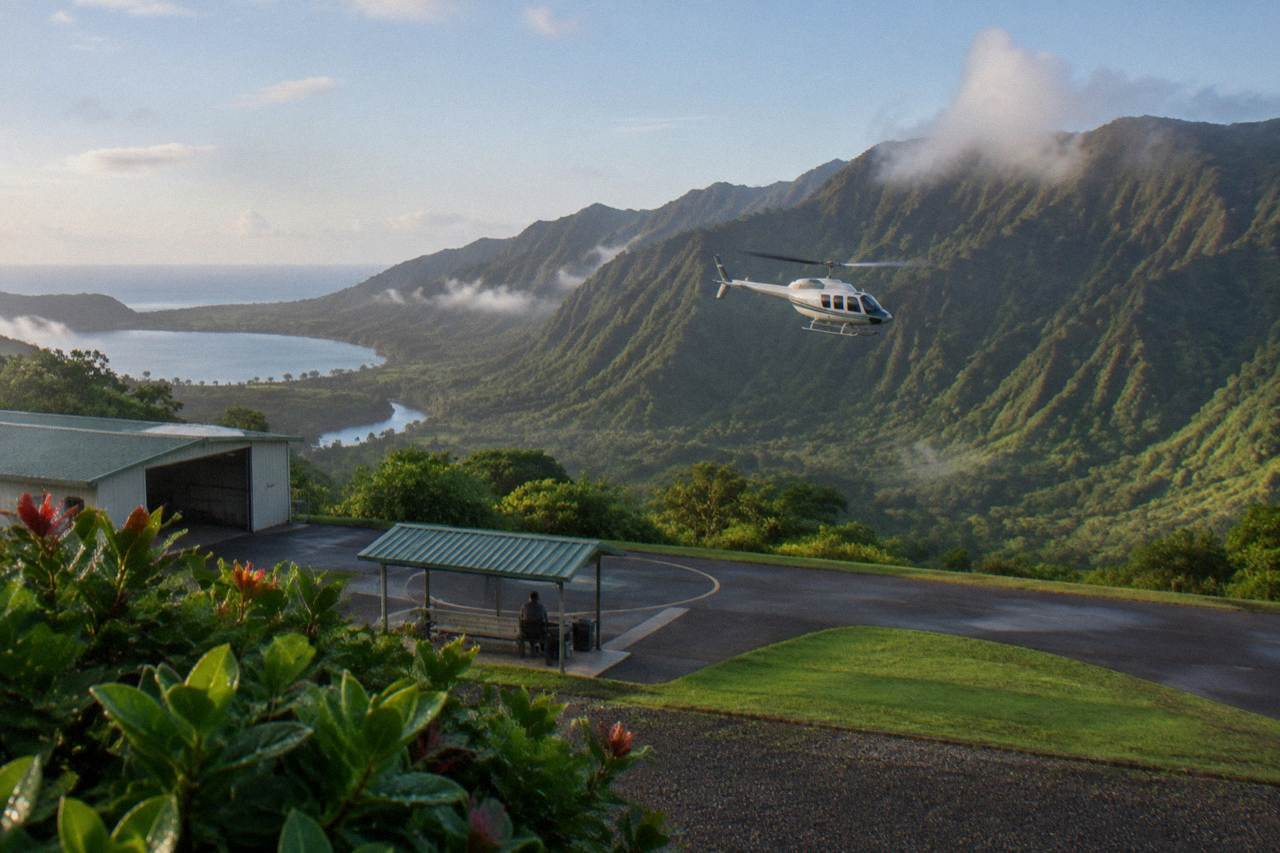 A helicopter flying over green Kauai ridges above a misty valley