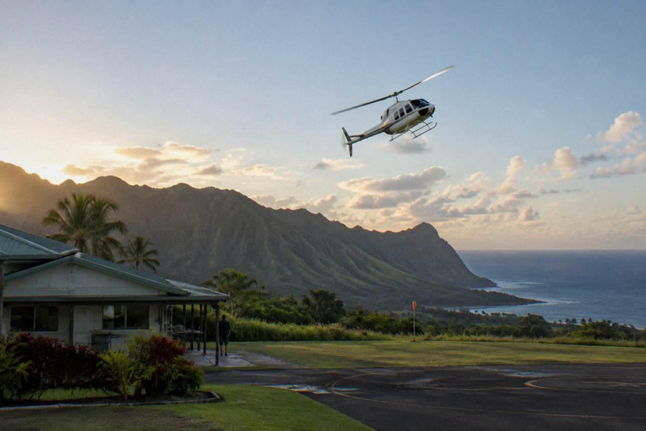 A helicopter flying over green Kauai ridges beneath scattered white clouds above the ocean