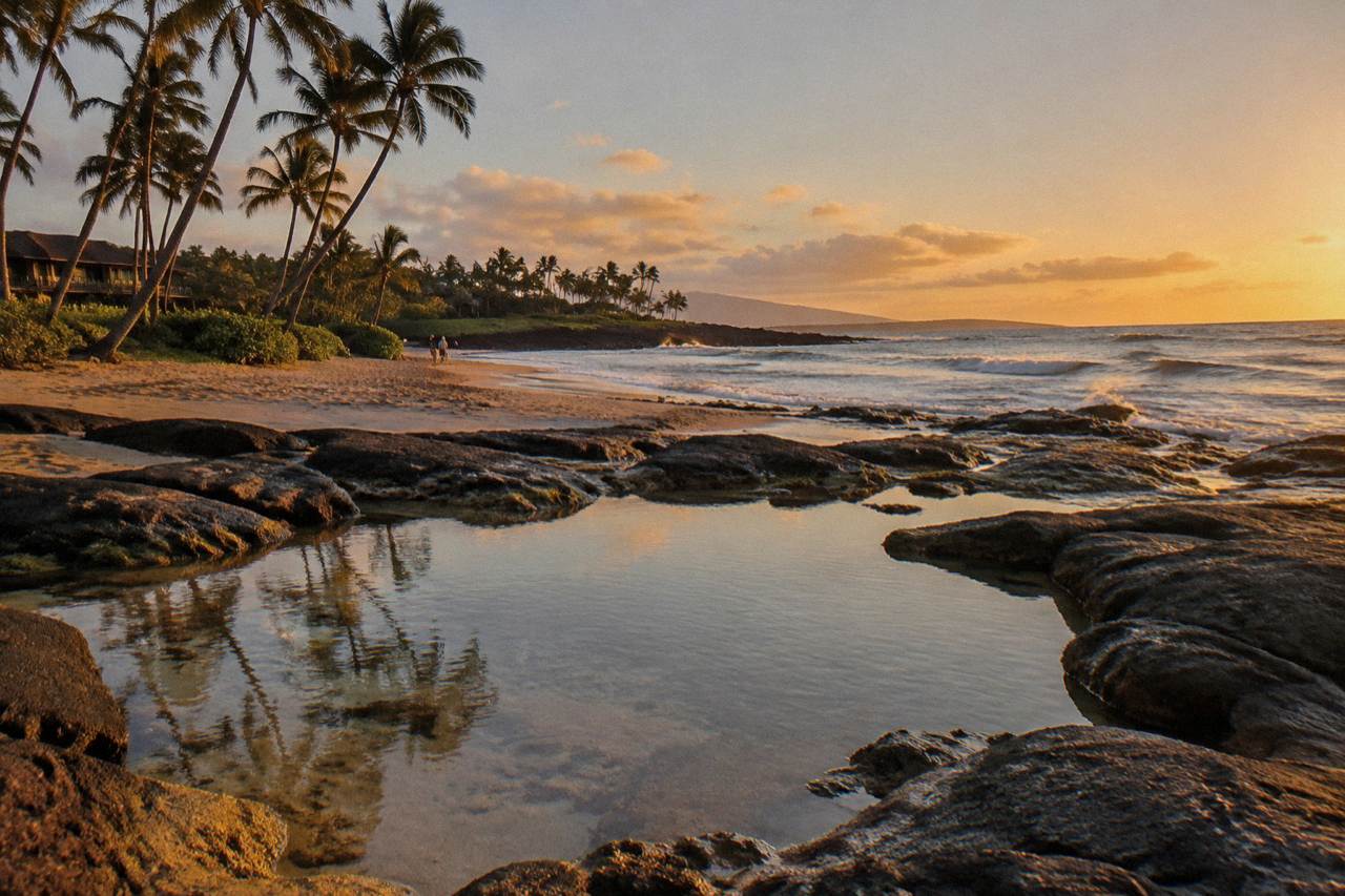 A palm-lined south shore beach at golden hour with gentle surf along the coastline