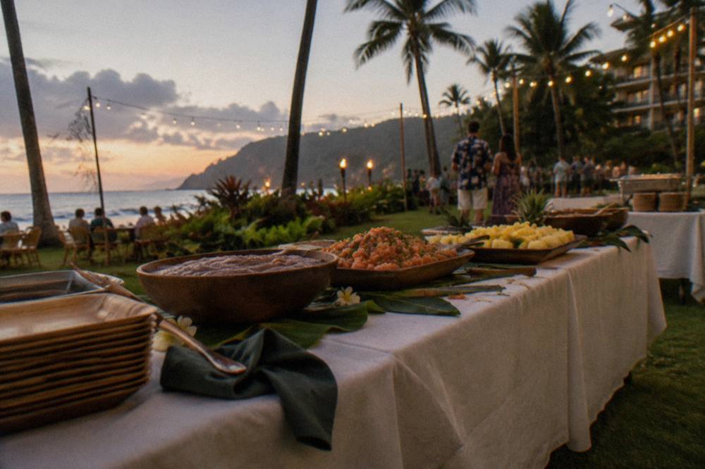 Long buffet tables of Hawaiian dishes under string lights before a luau dinner service