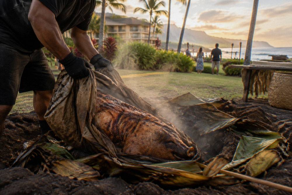 Roasted kalua pig being lifted from an underground imu oven at a luau