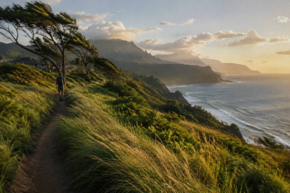 A rugged coastal footpath winding along green cliffs above the ocean