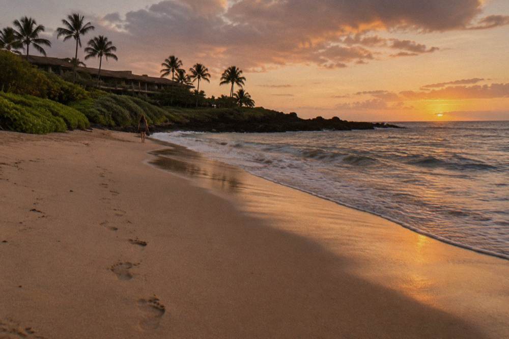 An empty golden-sand beach at sunset with a rocky point in the distance