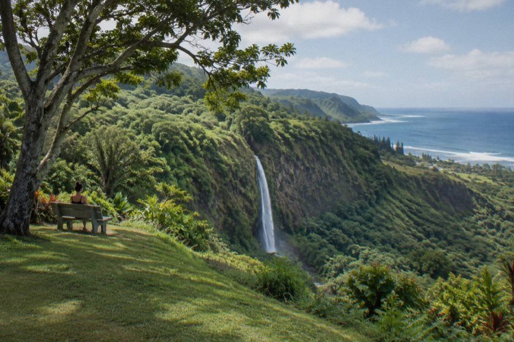 A tall ribbon waterfall dropping down a sheer green cliff face into a jungle valley