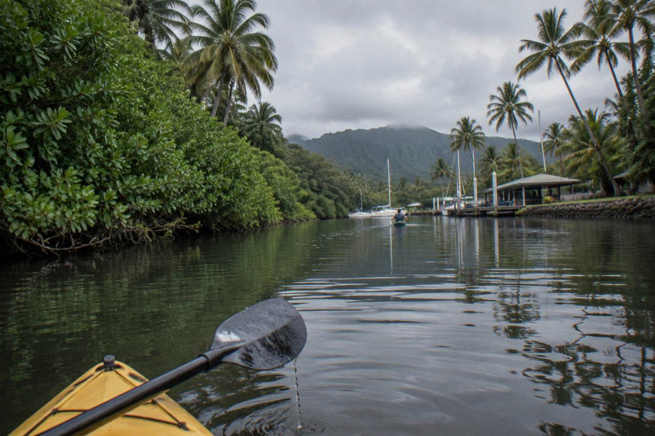 A calm jungle river winding between dense green slopes under an overcast sky