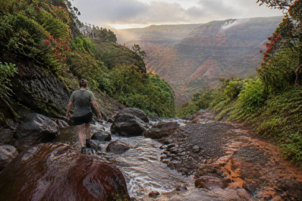 A hiker stepping carefully across a rocky stream in a dense green valley