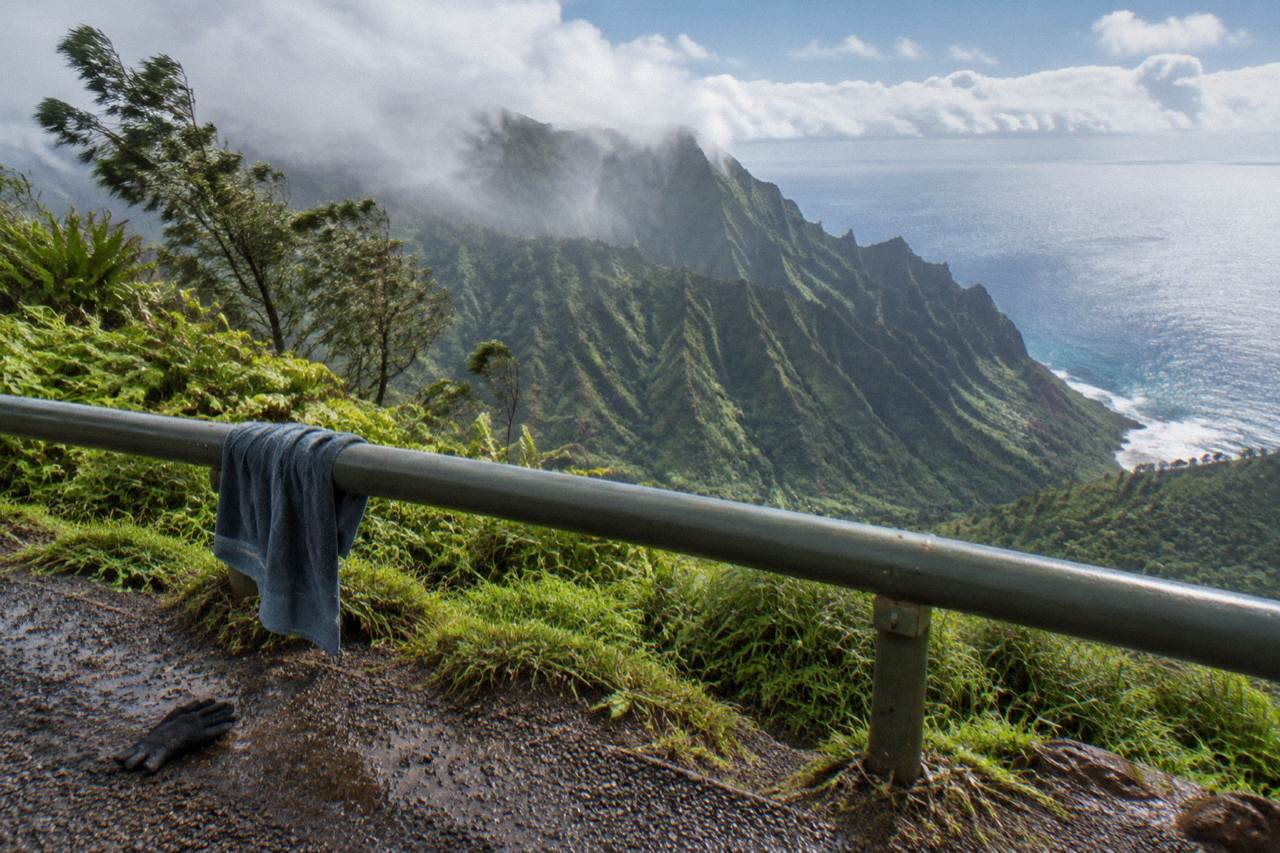 Jagged green cliffs plunging into the Pacific Ocean along a narrow coastal trail