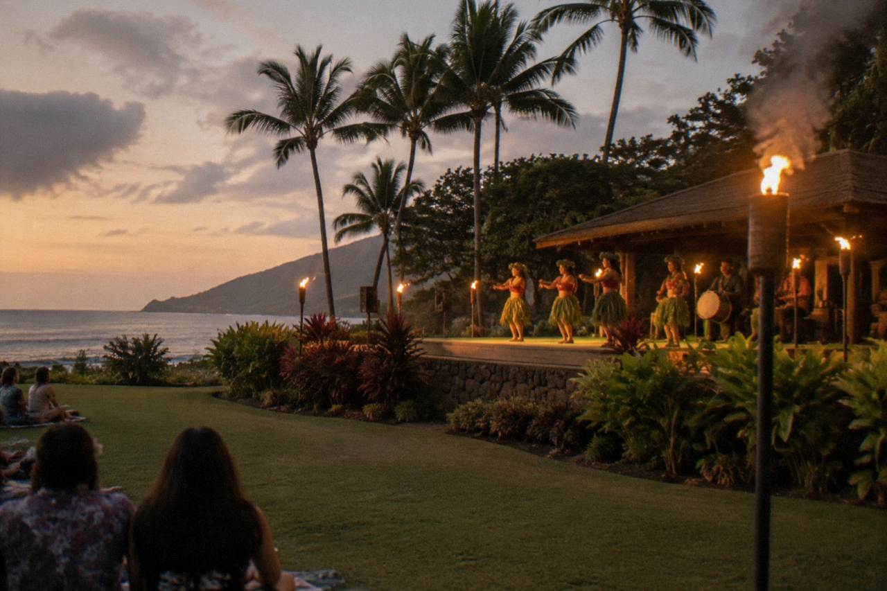 Open-air luau stage lit by tiki torches beside a tropical garden at dusk
