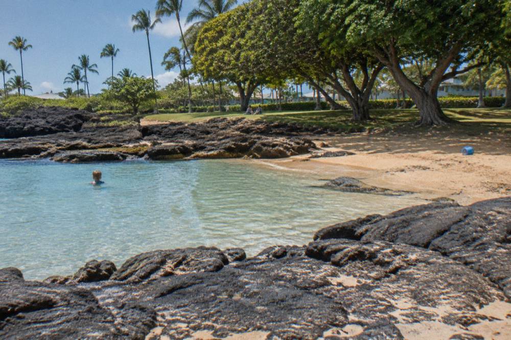 Shallow rock-protected swimming area beside a sand beach with lawn and shade trees