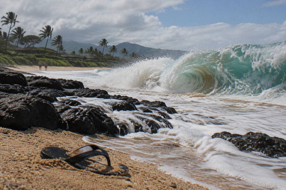 Waves crashing onto an empty golden sand beach with warning signs near the shoreline