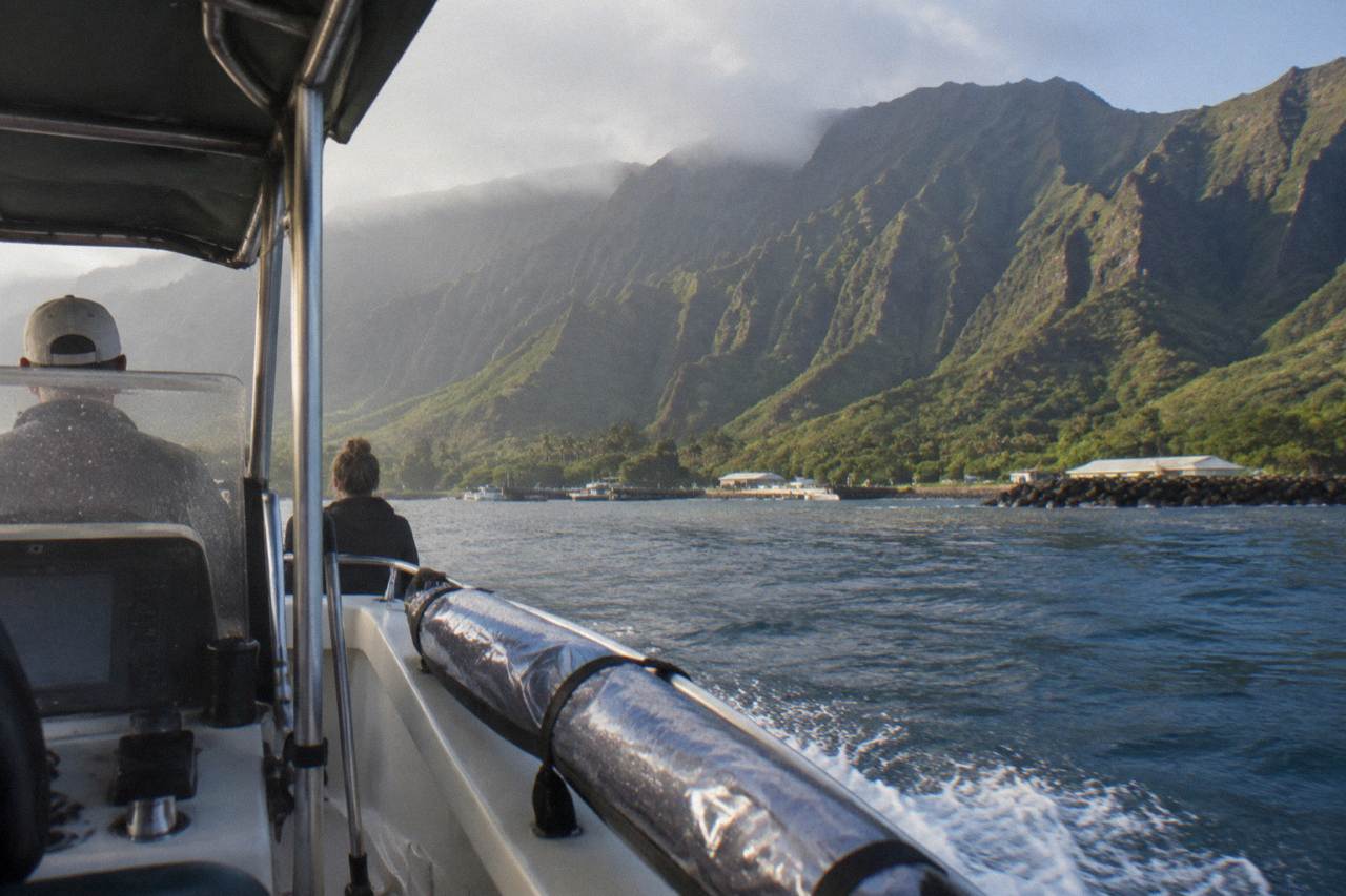 Open boat cruising along tall green sea cliffs on a calm morning