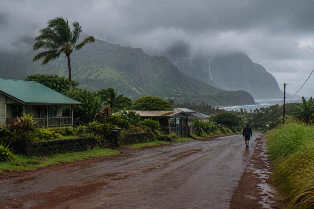 Dark rain clouds passing over steep green sea cliffs on a quiet Kauai coastline