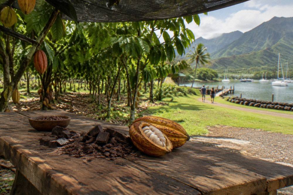 Rows of cacao trees on a Kauai farm with a wooden tasting table of dark chocolate bars in the shade