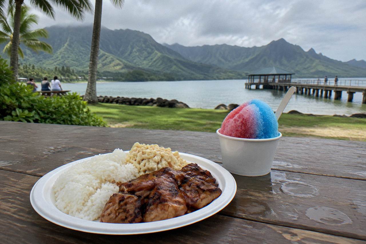 A plate lunch of rice, macaroni salad and grilled teriyaki chicken on a wooden table beside a shaved ice stand