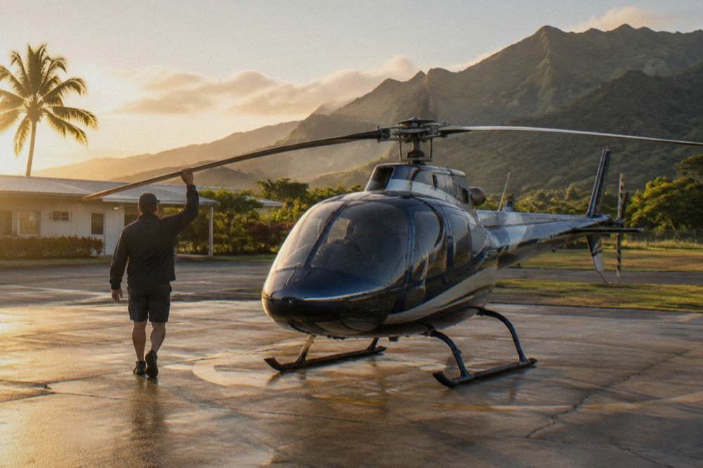 A helicopter parked on a helipad at Lihue with crew performing a preflight inspection