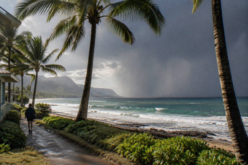 A rain shower moving over the ocean off a green Kauai coastline