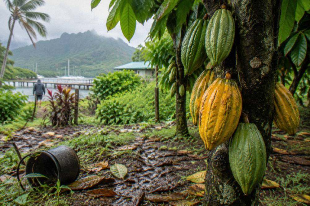 Cacao pods growing on a tree at a Kauai chocolate farm