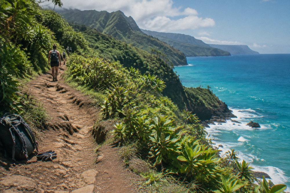 A narrow dirt trail curving along a green coastal cliff above turquoise water