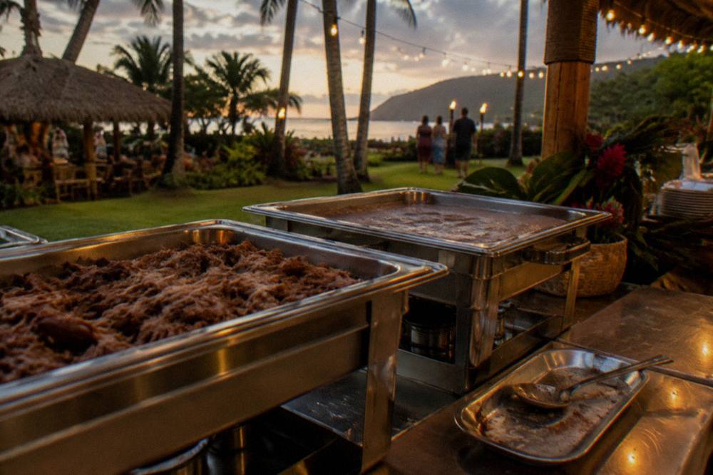 Buffet line of Hawaiian dishes including kalua pork and poi under string lights