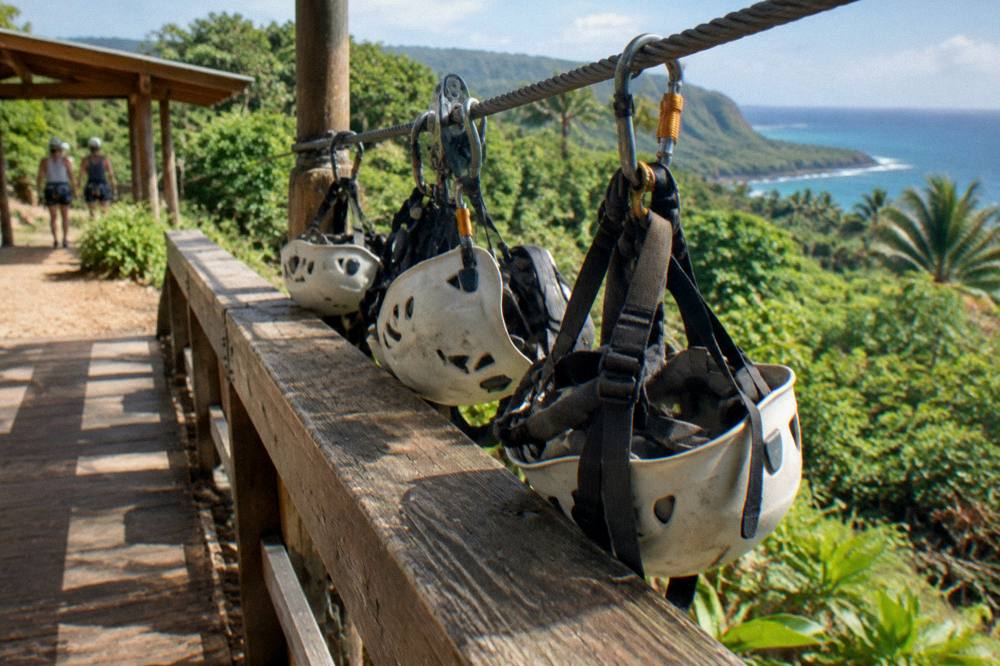 Harnesses and helmets clipped to a cable at a jungle zipline start platform