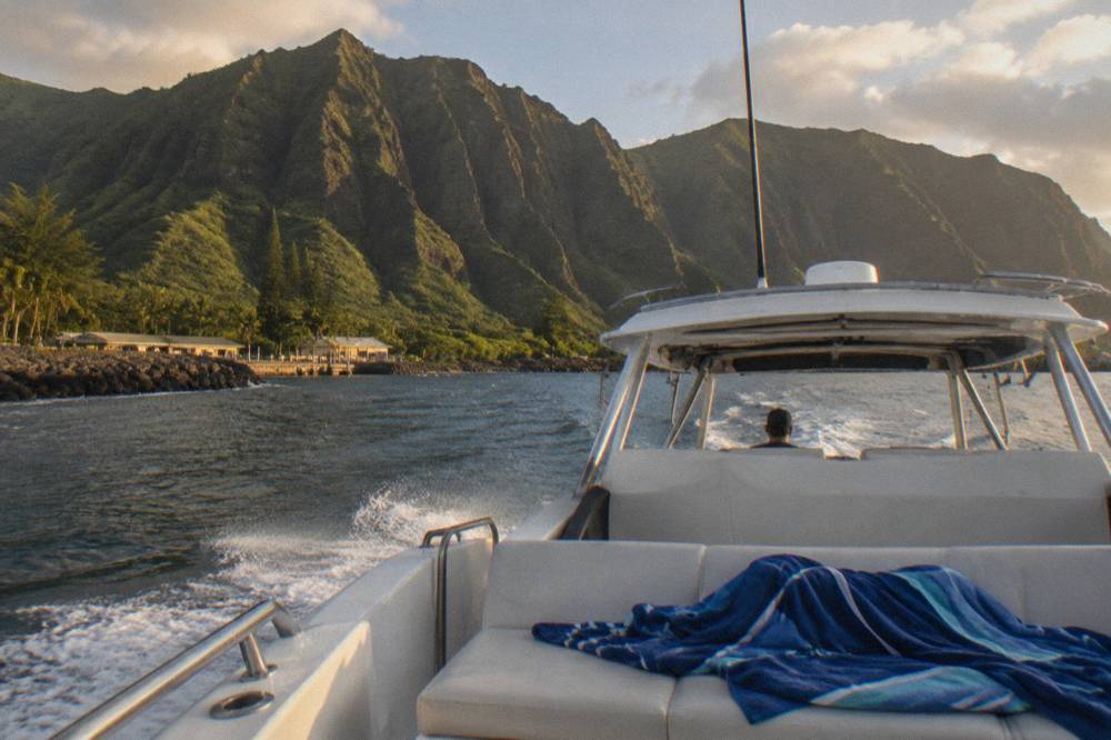 A catamaran underway on open water beneath tall green sea cliffs