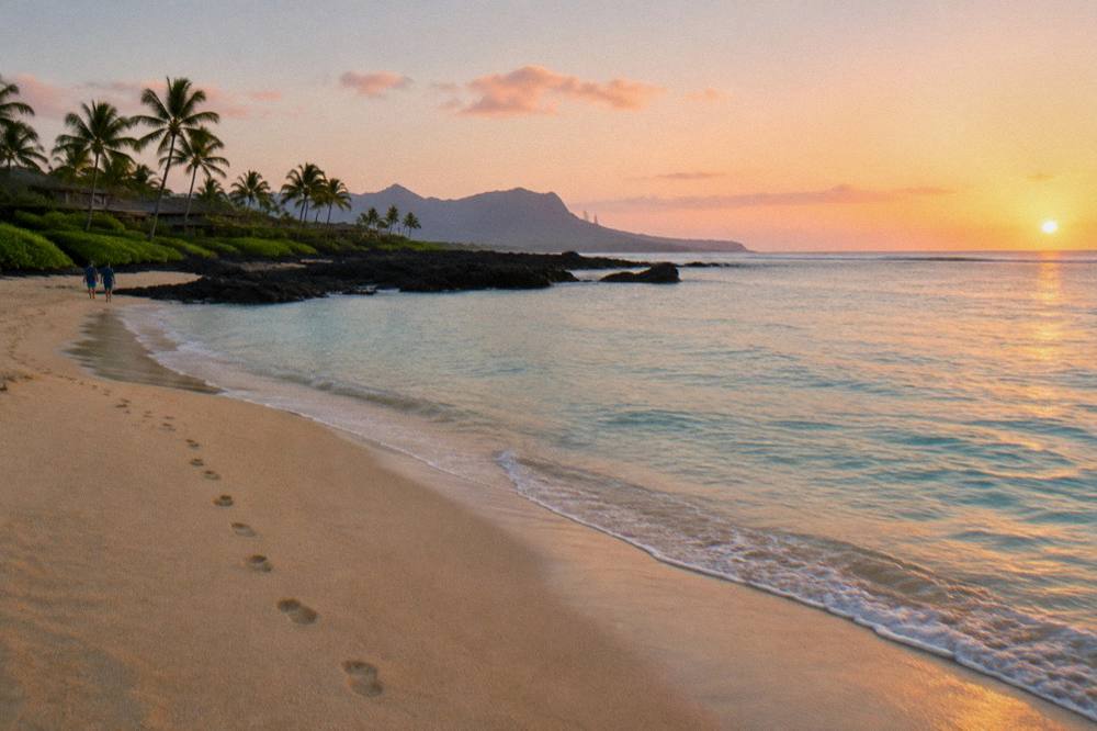 A quiet tropical beach with golden sand and turquoise water in morning light