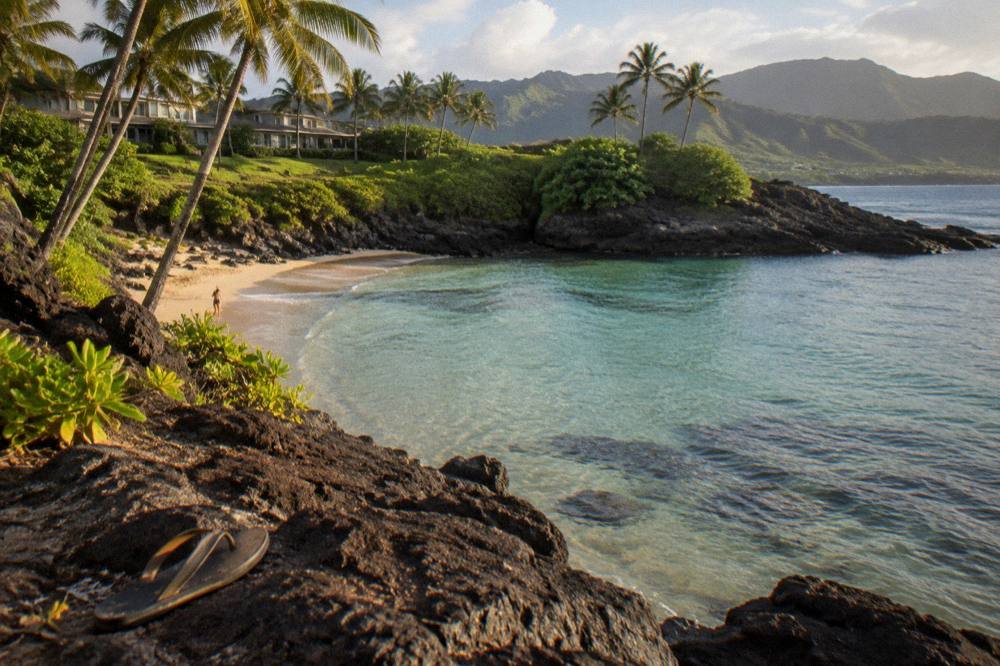 A quiet beach cove with clear shallow water and palm trees