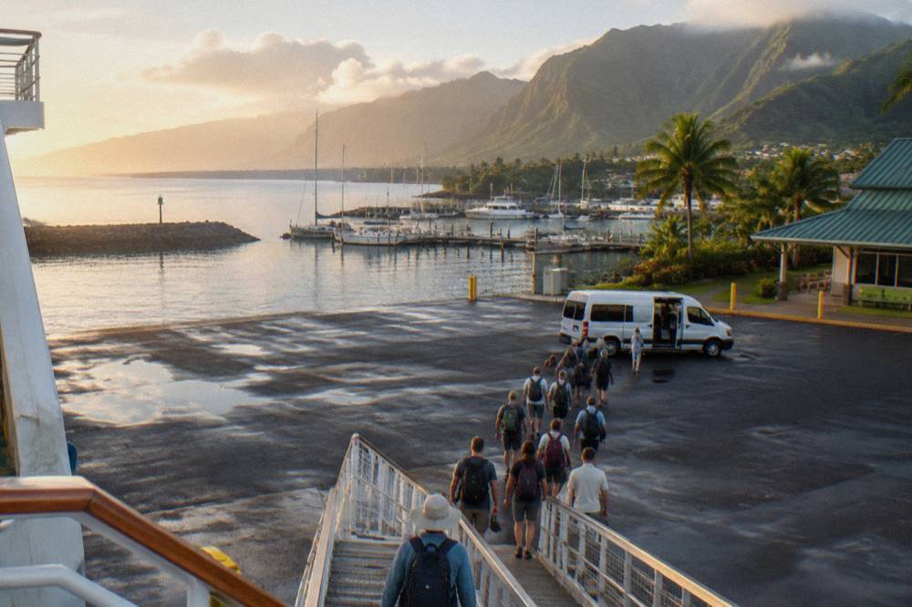 Passengers walking along a dock toward a tour van in morning light