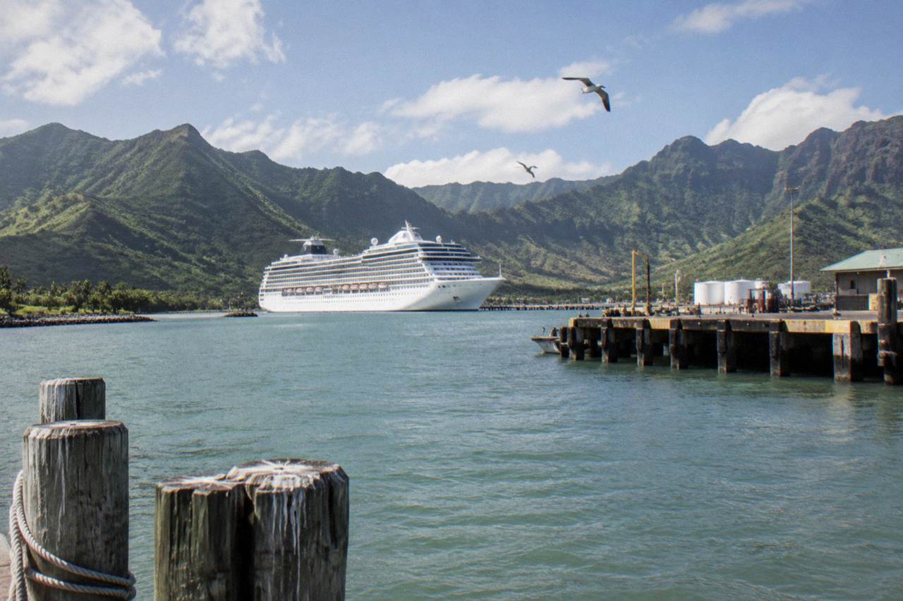 Cruise ship anchored at a green tropical harbor with forested hills rising behind the docks