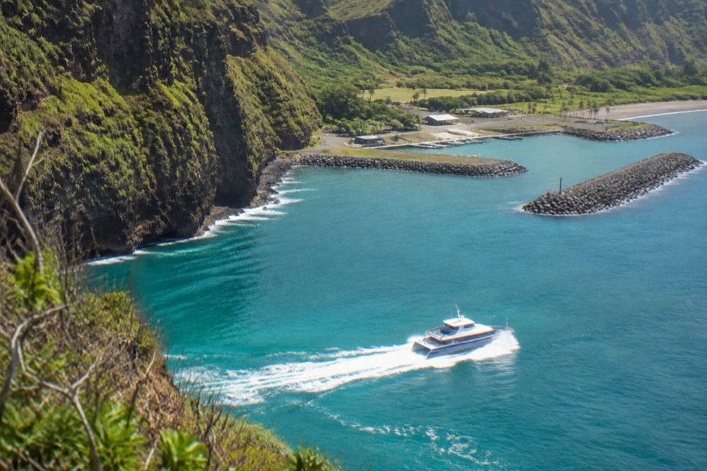 A power catamaran cruising close to tall green sea cliffs with spray at the bow.