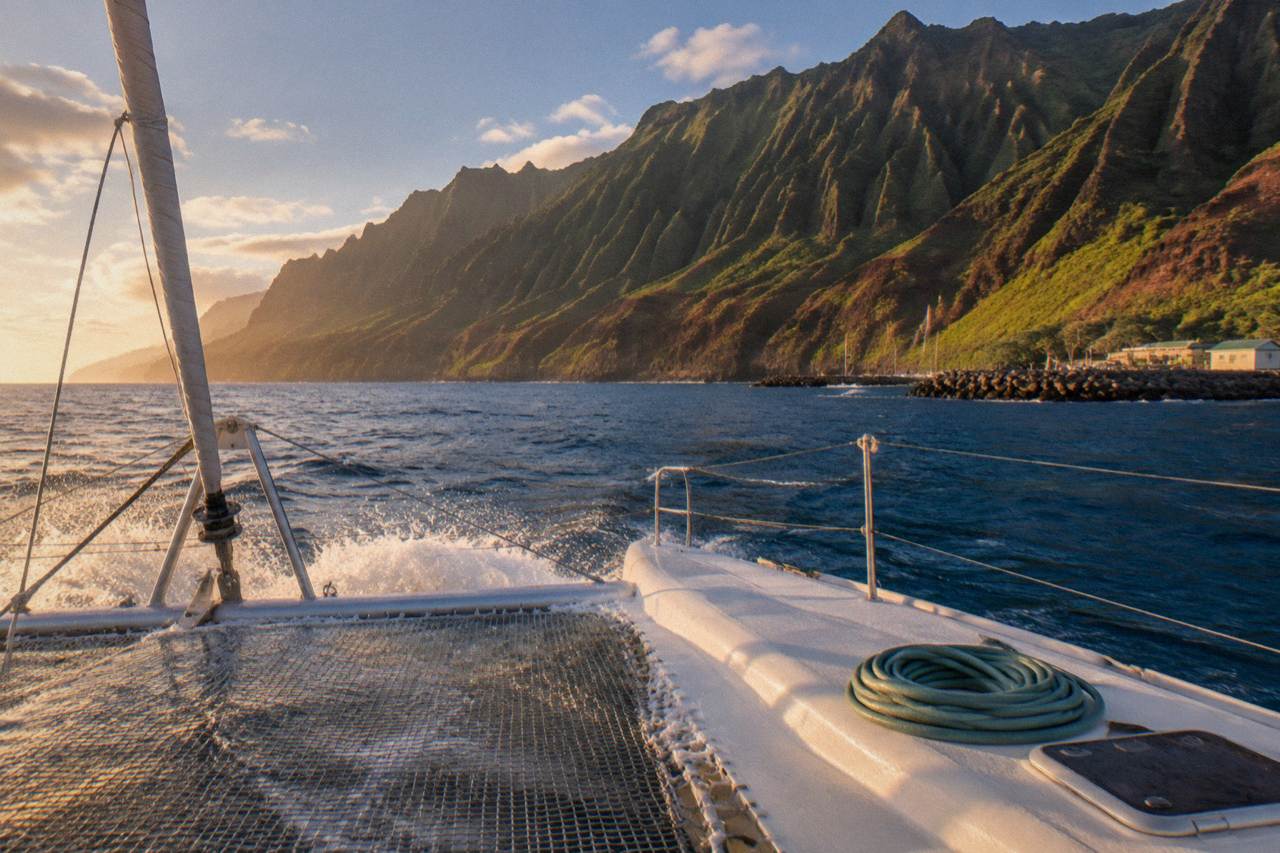 A catamaran under sail along a green sea cliff coastline at golden hour.