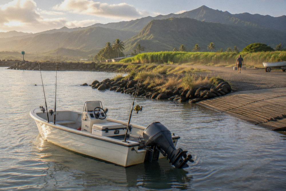 A small boat with fishing rods mounted along the side drifting near a green shoreline