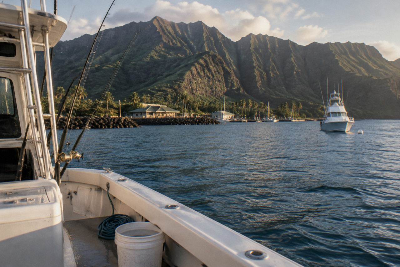 A fishing boat anchored over calm blue water near green sea cliffs