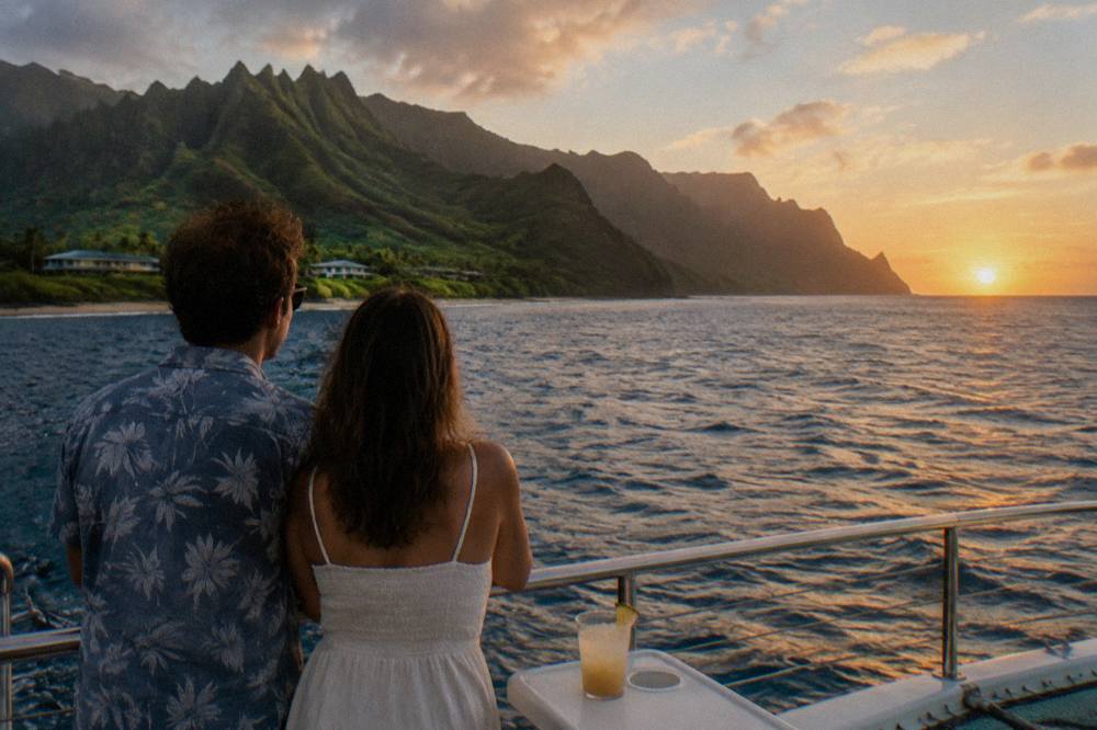A couple at the rail of a catamaran watching the sun sink toward the ocean past a green headland