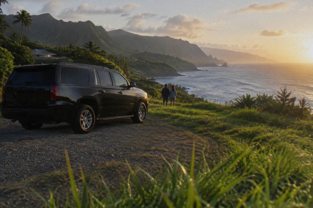 A private tour vehicle at a grassy overlook above the ocean