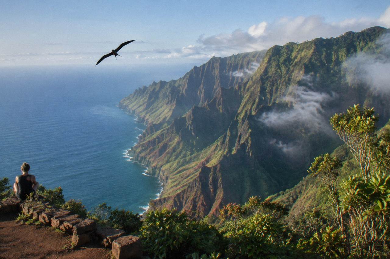 Green sea cliffs of the Na Pali coast rising above calm blue water near Kauai