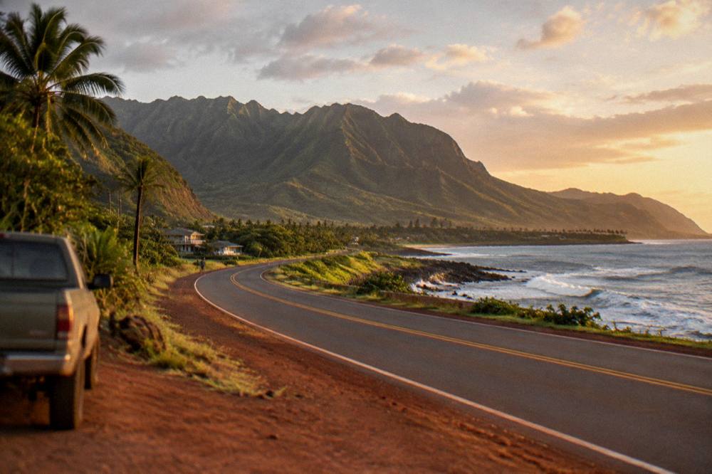 A coastal road curving between green mountains and the ocean at golden hour