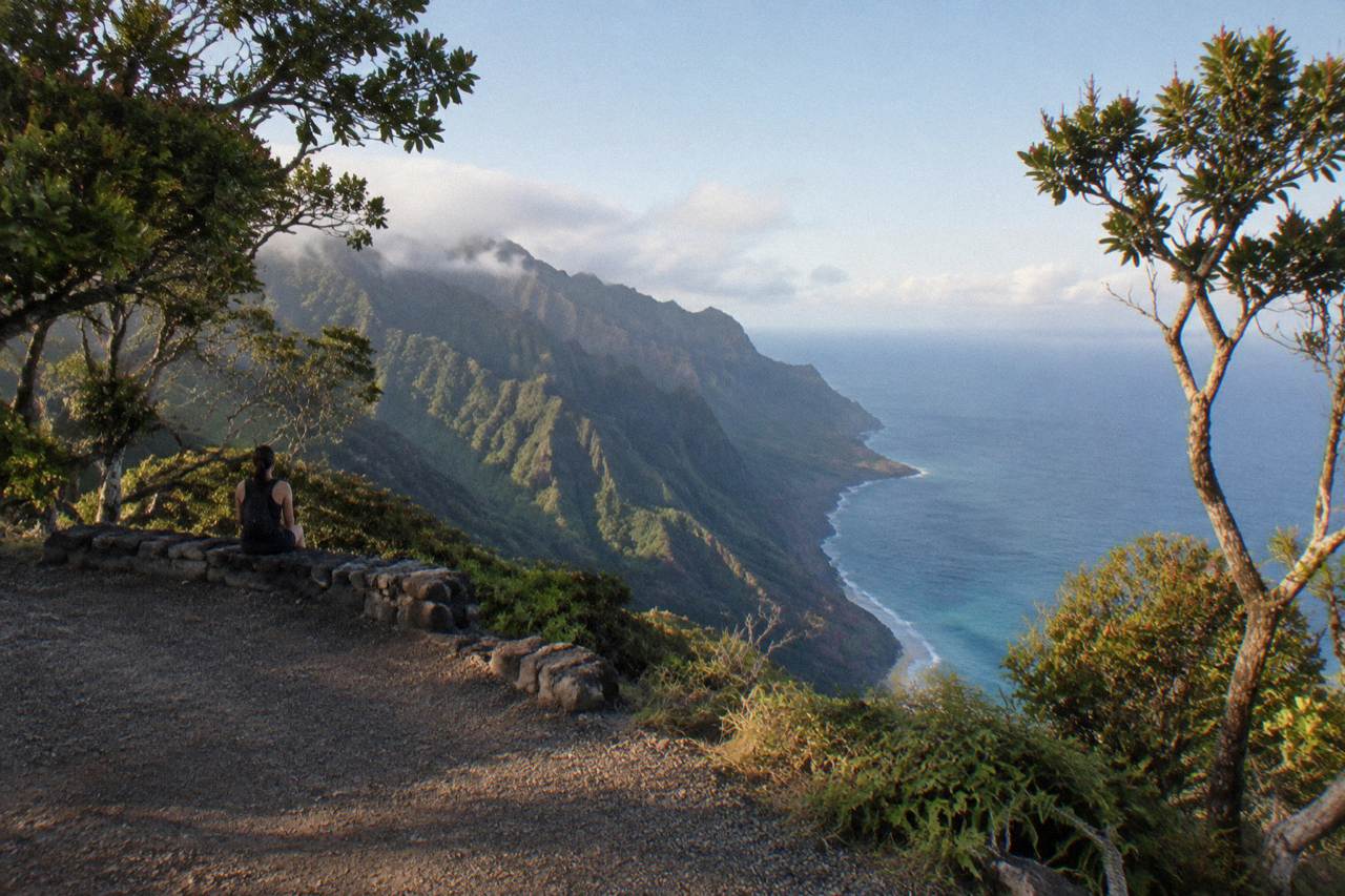 Green sea cliffs rising above a calm Pacific shoreline with mist on the ridge