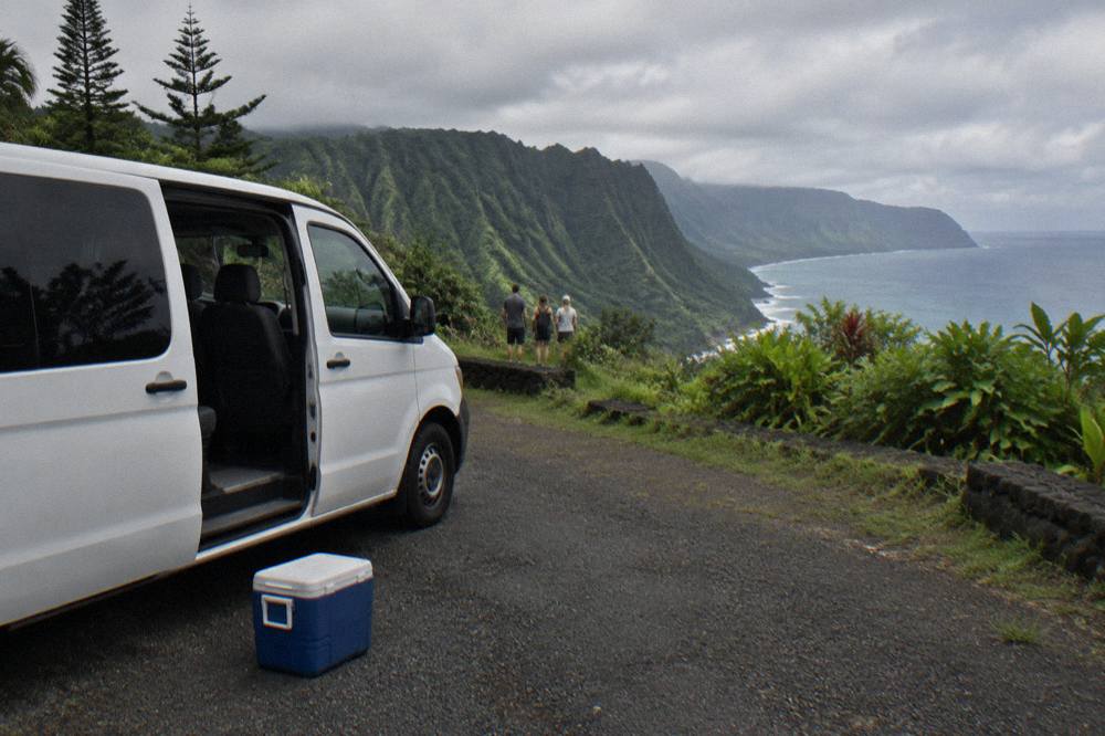 Private tour van parked at a coastal overlook with green cliffs beyond