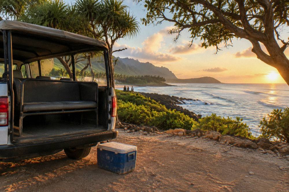 Open touring van parked beside a coastal lookout at golden hour