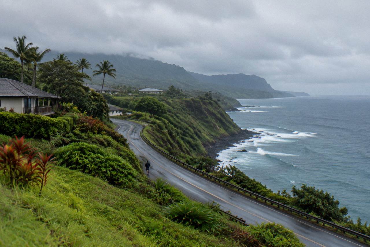 Empty coastal road winding along green Kauai cliffs above the ocean