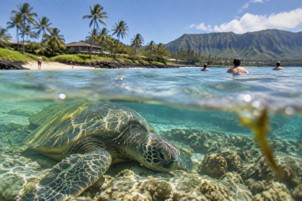 Green sea turtle resting on a shallow coral reef in sunlit water