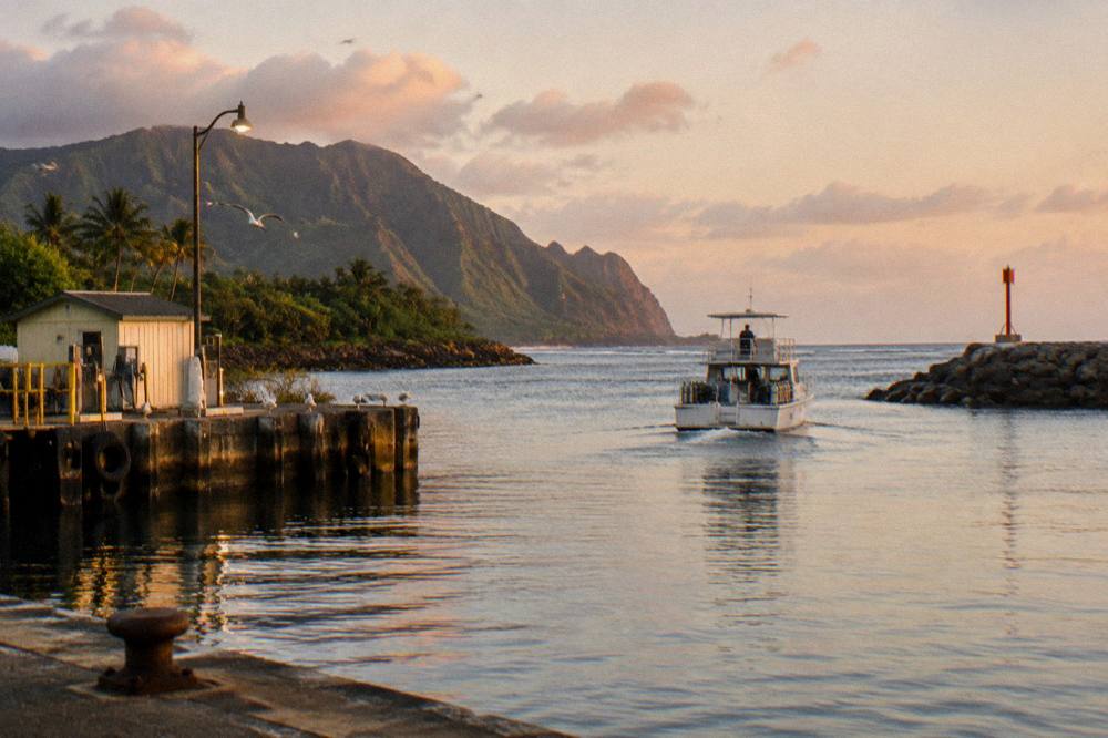 Calm bay at sunrise with a dive boat anchored beyond the reef line