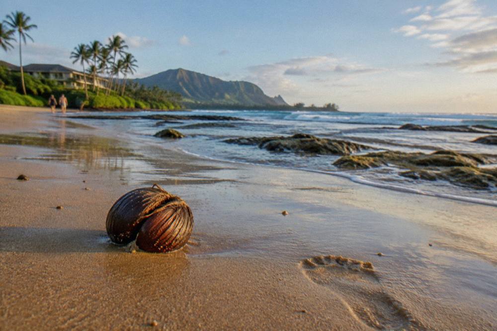 Wide sandy beach with a partial reef breaking gentle waves under a clear morning sky