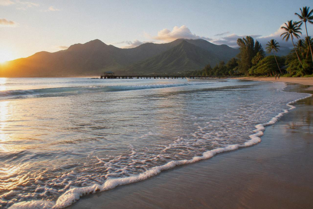Gentle rolling waves breaking over a sandy beach reef shelf in early morning light